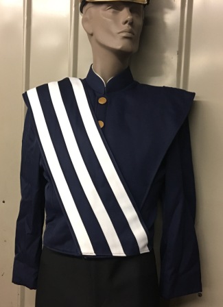 This is a set of 75 gently used navy blue Stanbury marching band jackets with navy and whi