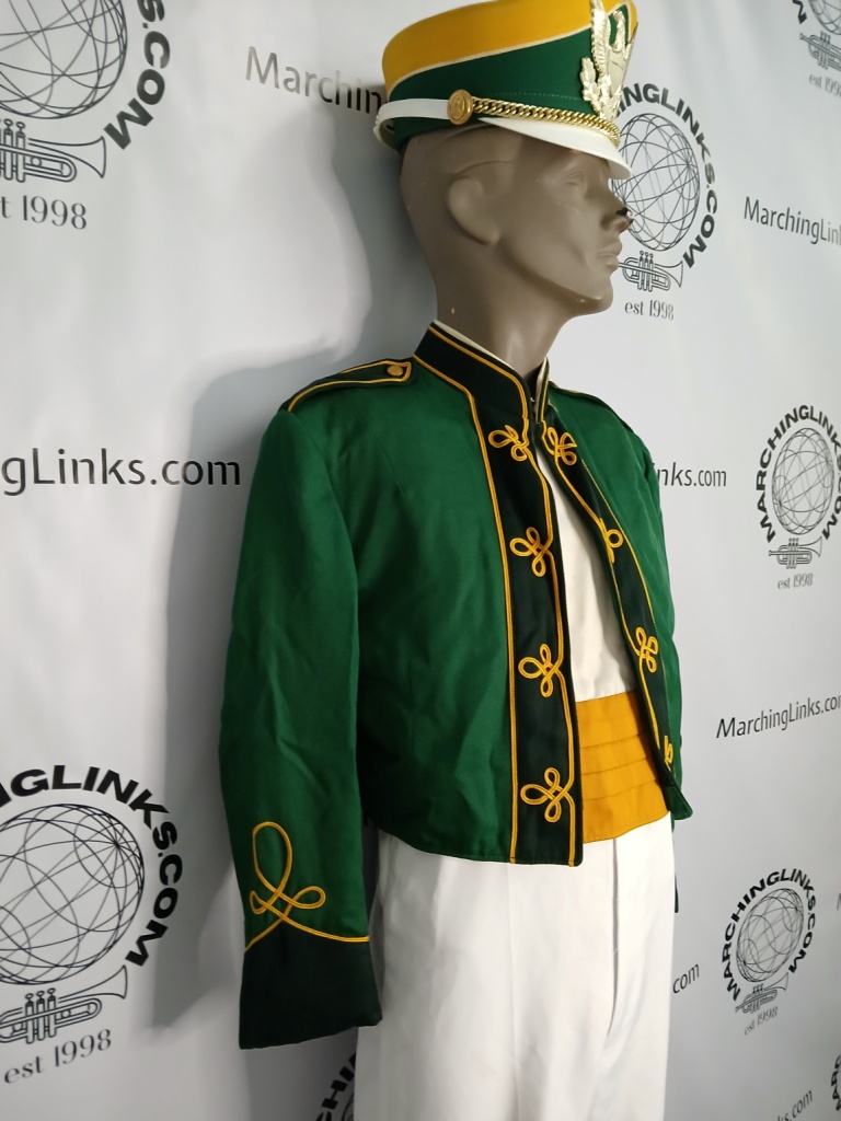 This is a great set of 98 Green with gold piping marching band uniforms with attached dick
