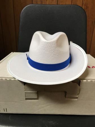 33 White Aussie Hats with blue ribbons; boxes included