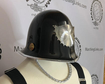 17 Black Marching Band Helmets with Silver Hardware and Gold/Brass Buttons