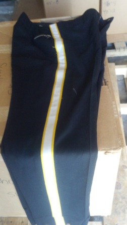 34 pairs of black pants with white stripe and gold trim