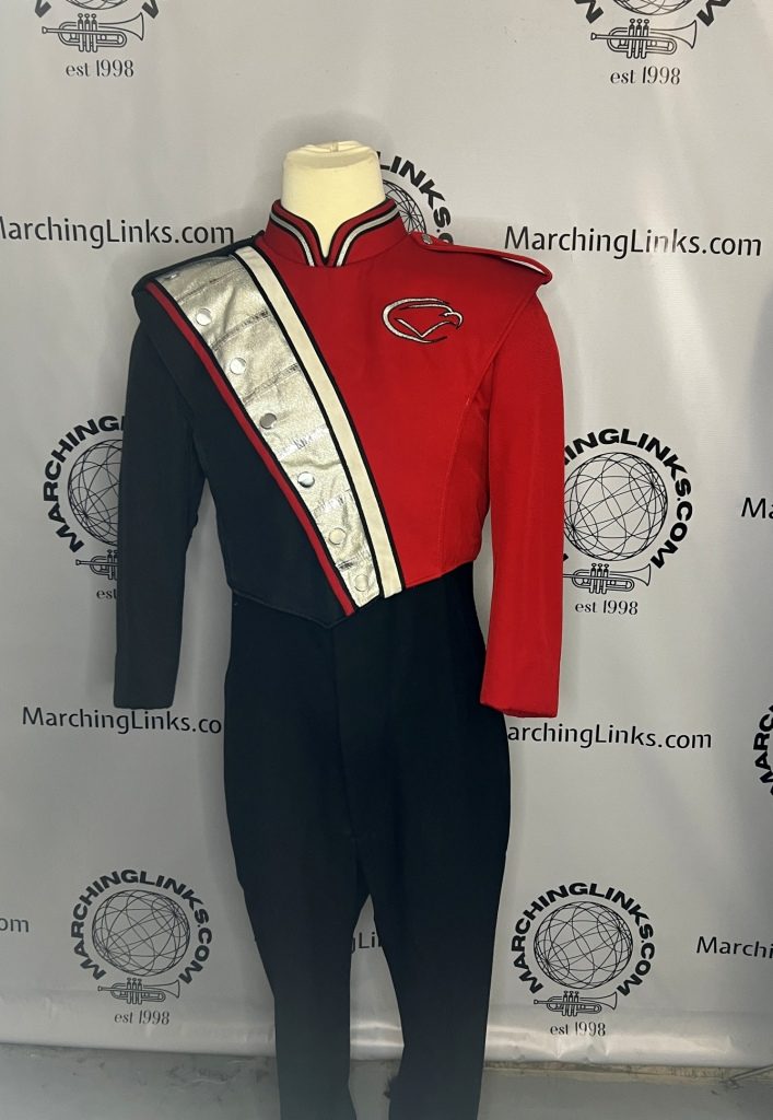 Lot of 125+/- Red, Black and Silver Marching Band Uniforms. Also available as a half lot.