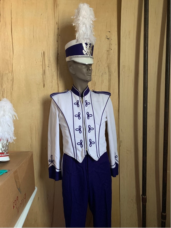 Purple and White Used Marching Uniforms with Helmets and Plumes. Item description: Set of 100 Purple