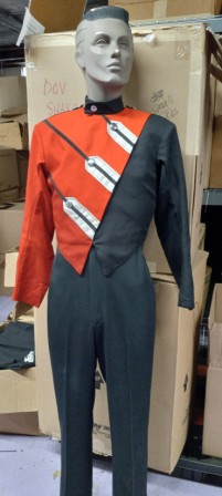 This is a set of 21 red, silver and black used Cesario marching band uniforms. The uniform consists 