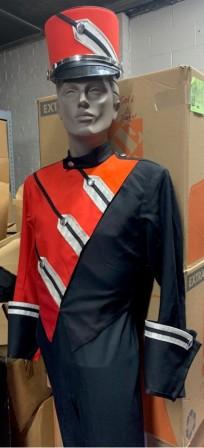 This is a set of 21 red, silver and black used Cesario marching band uniforms. The uniform consists 