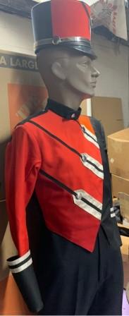 This is a set of 21 red, silver and black used Cesario marching band uniforms. The uniform consists 