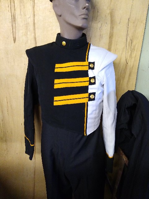 85 +/- Black, White and Yellow/Gold Fruhauf Marching Band Uniforms