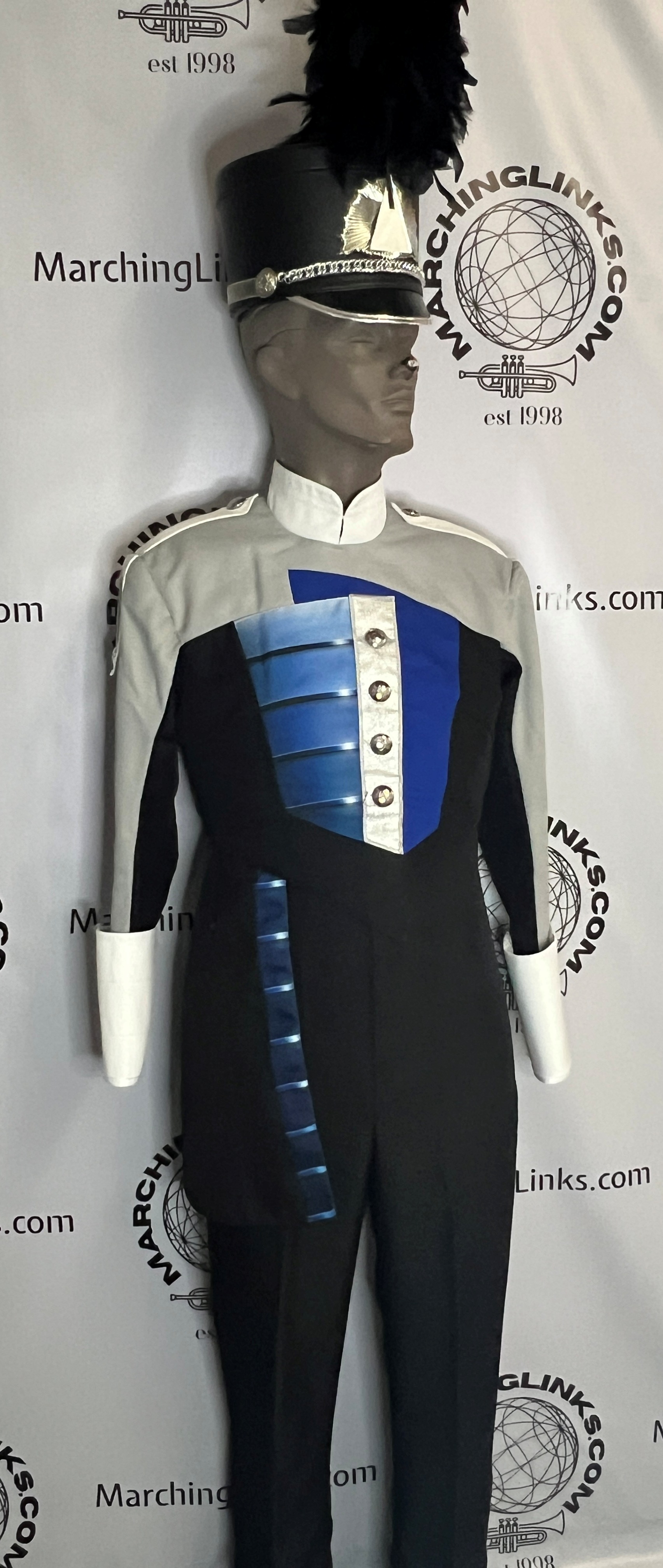 Lot of 185 Blue, Black and Gray Marching Band Uniforms (may be sold in 1/2 lot)