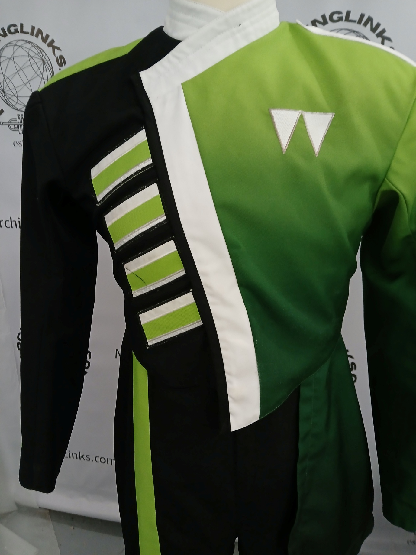 148 Green, Black and White Marching Band Uniforms Including 8 Drum Major Versions