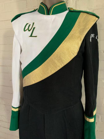 Large Set of 38 Green, Gold, White and Black Marching Band Uniforms This is a lot of 38 green, black