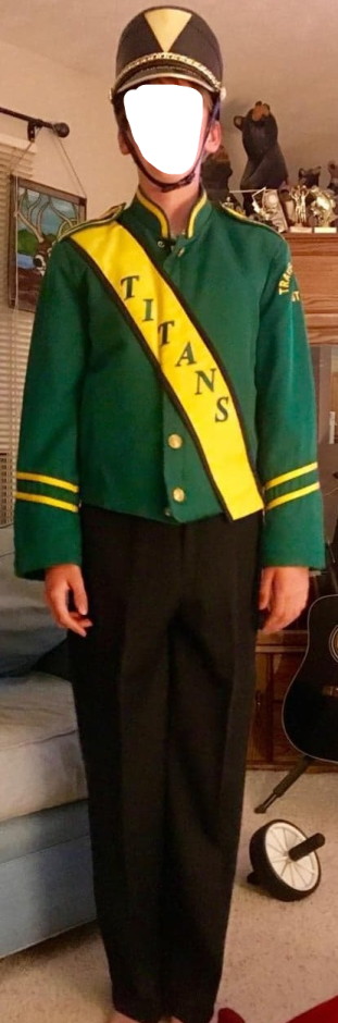 Set of 200 Kelly Green Marching Jackets with yellow trim and Black Bib Pants (36 boxes)