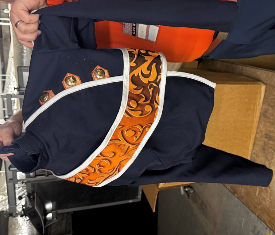 Lot of 108 Navy Blue and Orange Marching Band Uniforms with lots of extras