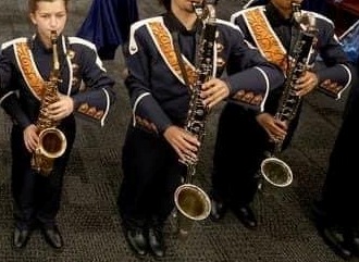 Lot of 108 Navy Blue and Orange Marching Band Uniforms with lots of extras