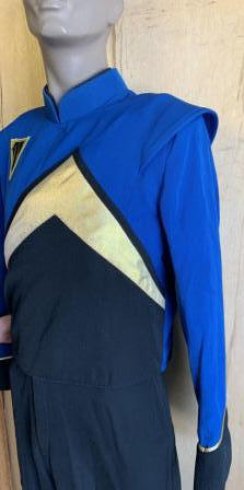 Set of 150+/- Used Blue, Gold and Black Fruhauf Brand Marching Band Uniforms with Bayly Shakos Item 