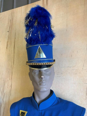 Set of 150+/- Used Blue, Gold and Black Fruhauf Brand Marching Band Uniforms with Bayly Shakos Item 