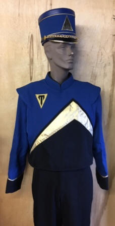 Set of 150+/- Used Blue, Gold and Black Fruhauf Brand Marching Band Uniforms with Bayly Shakos Item 