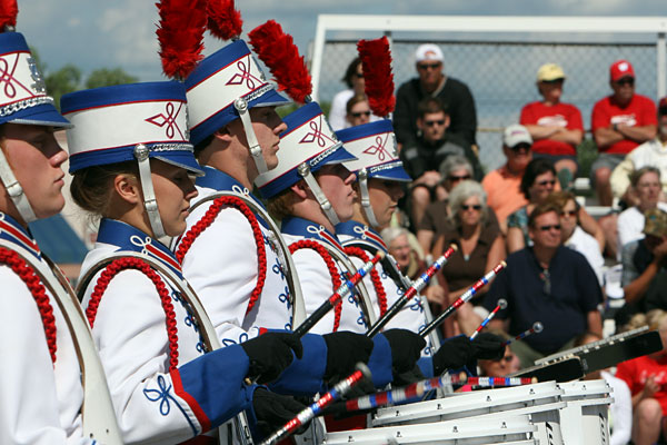Set of 86 +/- Blue and White w/ Red Trim DeMoulin Marching Band Uniforms