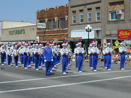 Set of 86 +/- Blue and White w/ Red Trim DeMoulin Marching Band Uniforms
