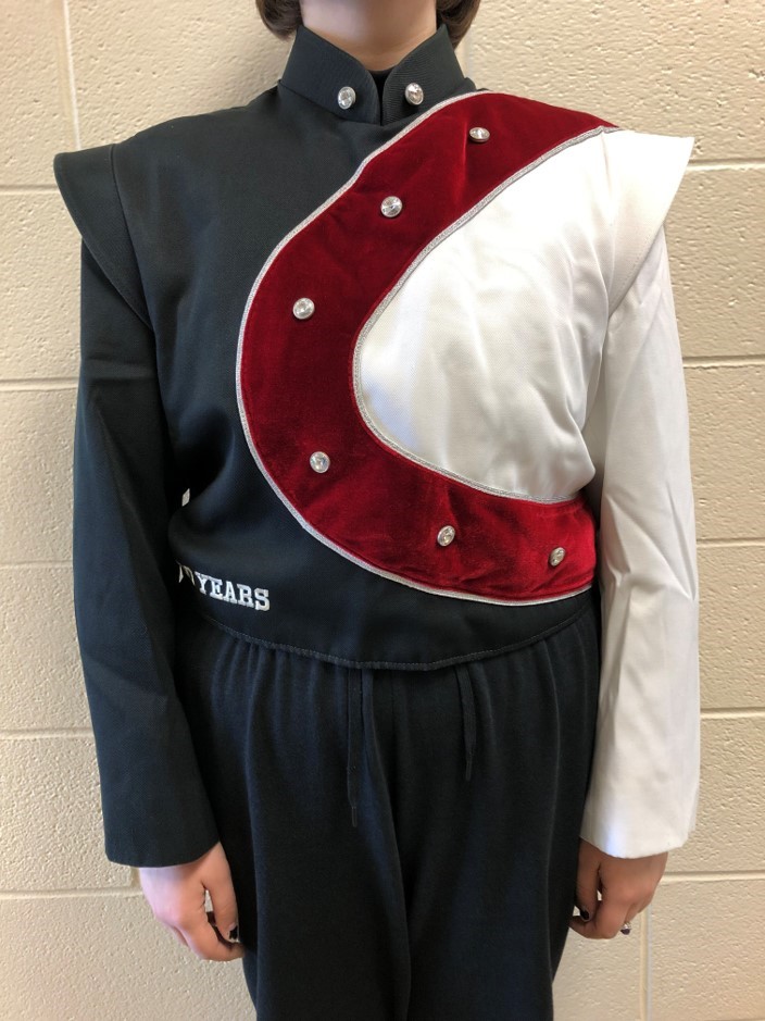90+ Red, White, and Black Demoulin Marching Band Uniforms Including Hats & Plumes Item description: 