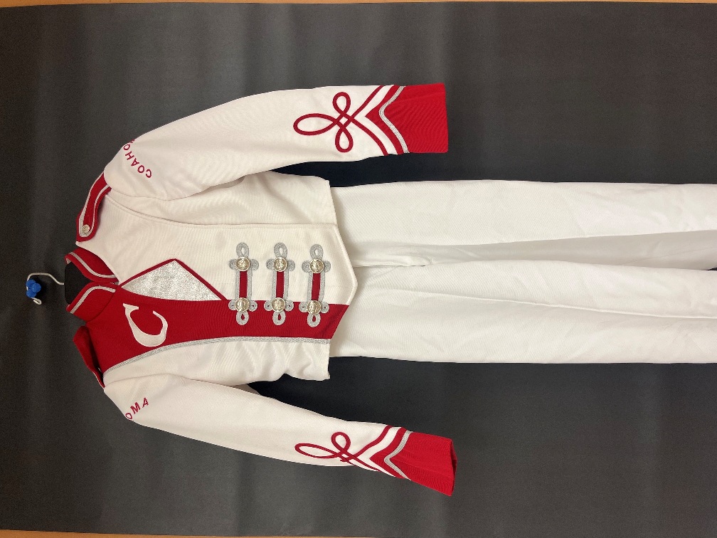Lot of 92 Red & White Used Marching Band Uniforms Including Hats & Plumes