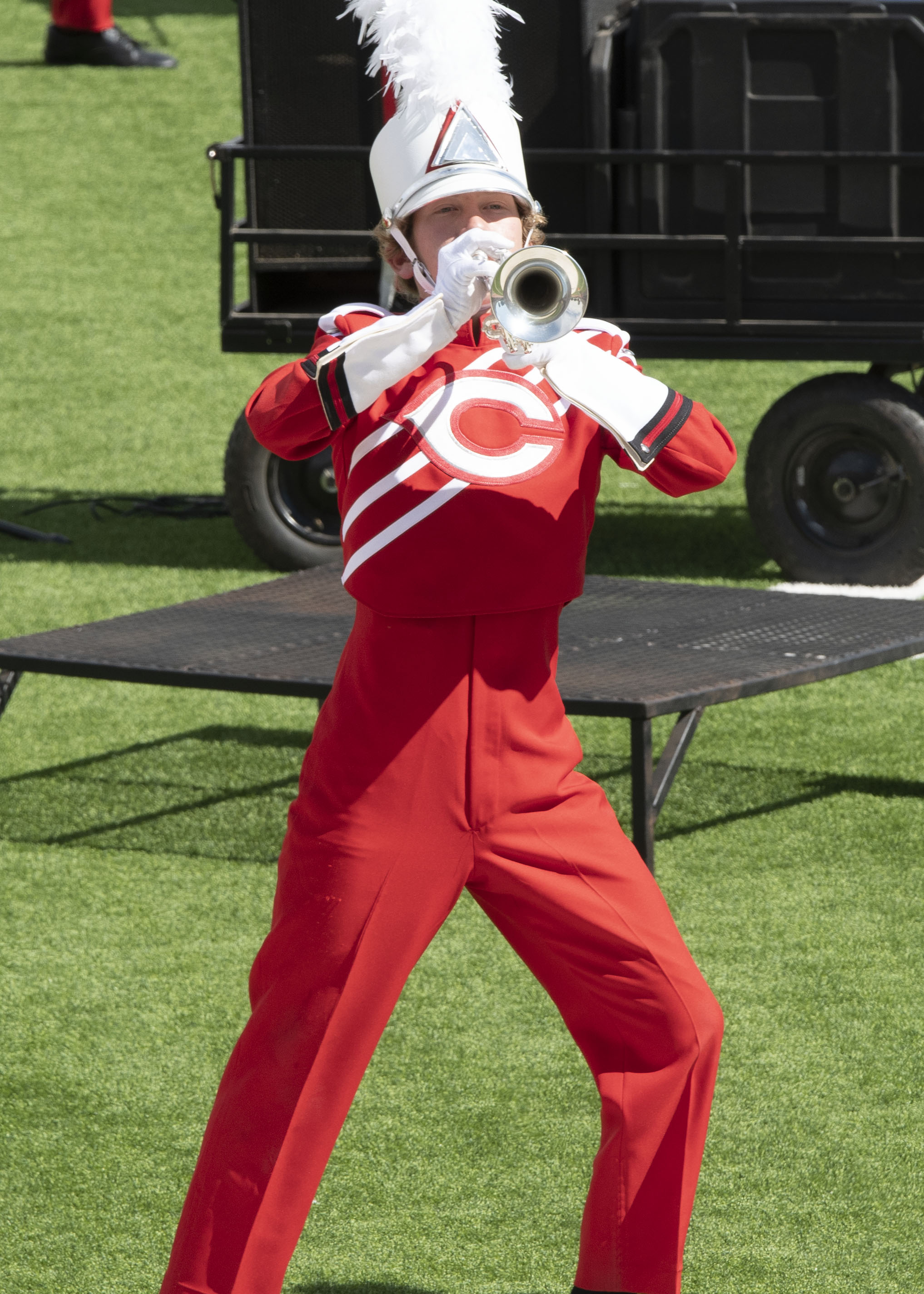 Lot of 98 Red & White Used Marching Band Uniforms Including Hats, Plumes & Gauntlets