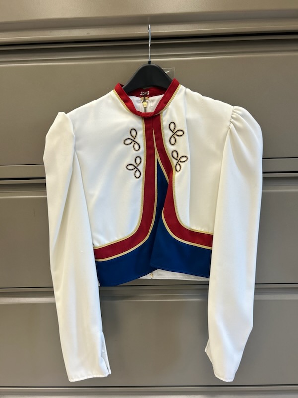 Set of 105 Red, White and Blue used Marching Band Uniforms in excellent condition with lots of extra