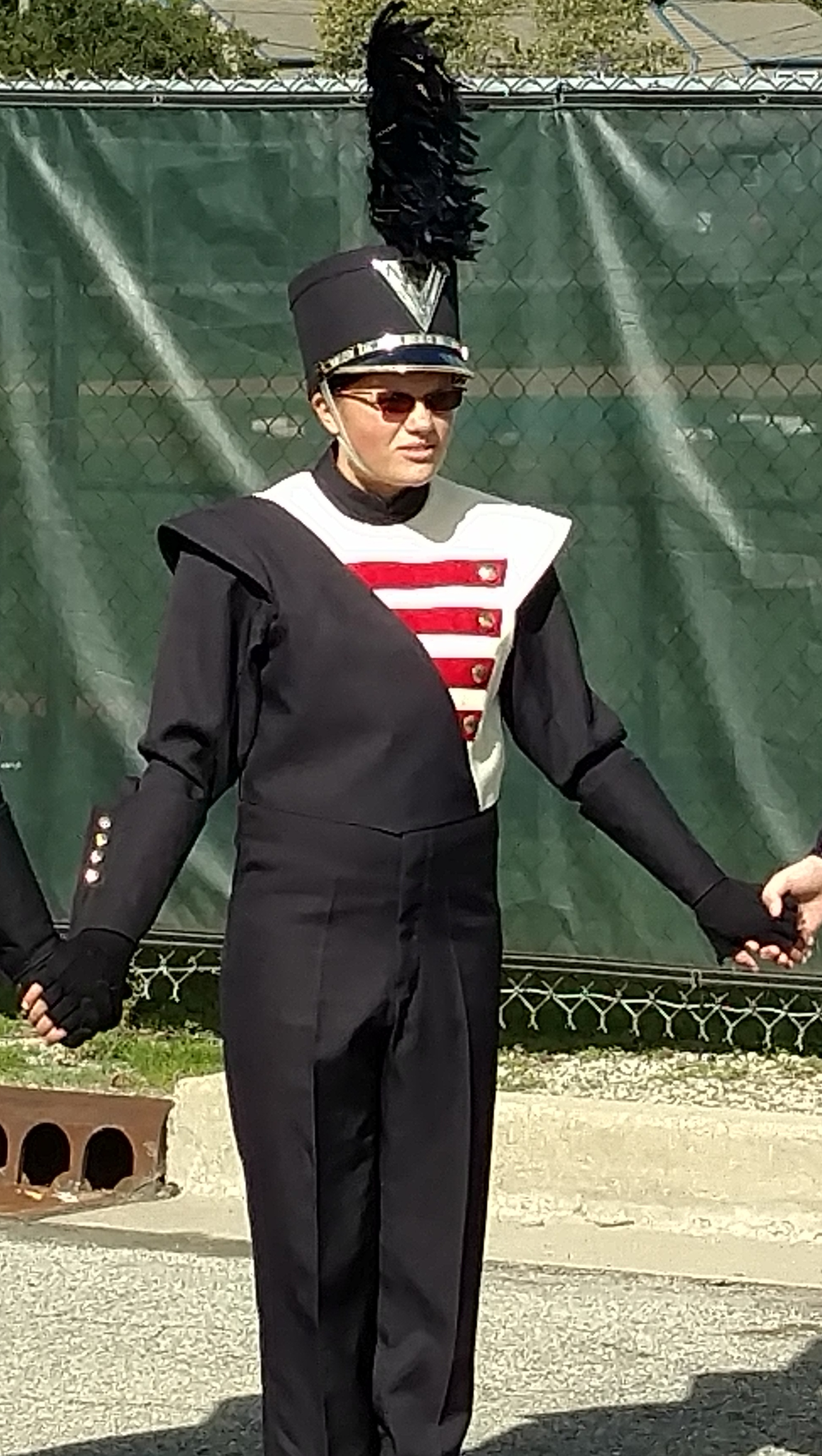 Set of 76 Ivory, Navy, and Red Stanbury Marching Band Uniforms with Gauntlets, Shakos and Plumes