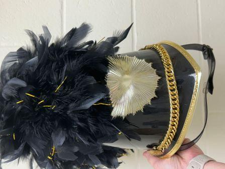 Lot of 65 Black and Gold Marching Band Uniforms Including Helmets and Plumes
