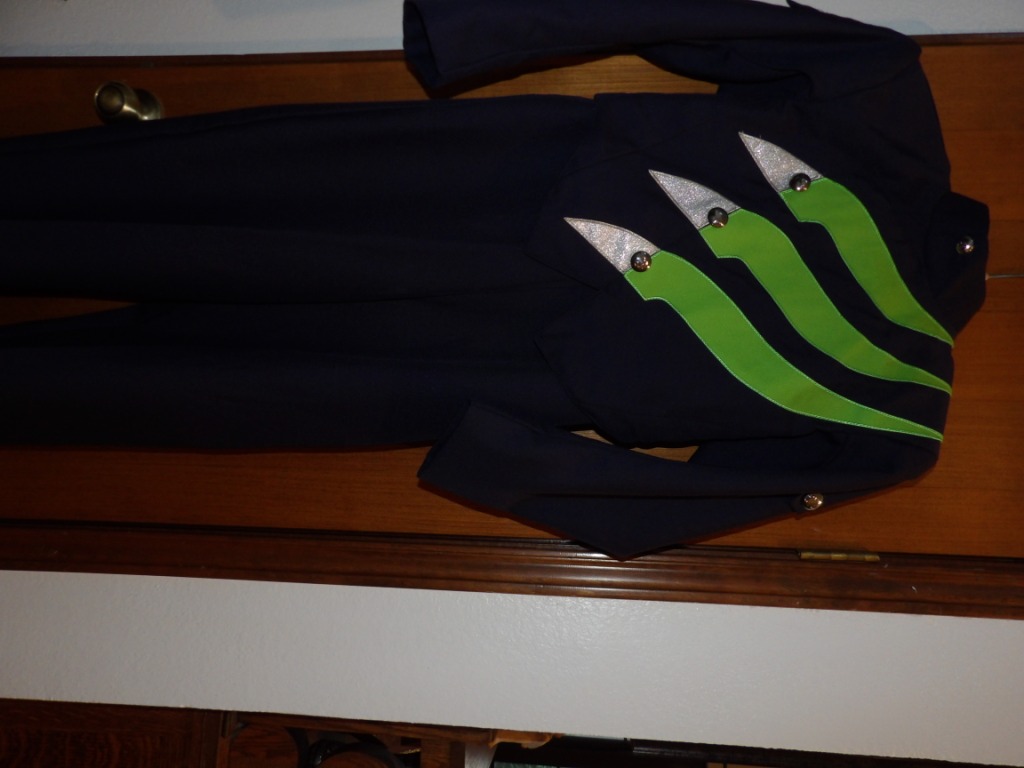 Set of 290+/- Dark Navy Blue/Green/White Marching Band Uniforms by Cesario