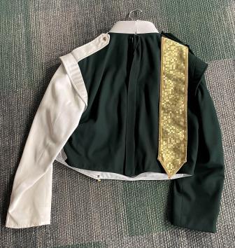 Set of 68 Green, Gold, and White Marching Band Uniforms and 43 Gold Helmets