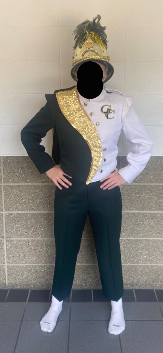 Set of 68 Green, Gold, and White Marching Band Uniforms and 43 Gold Helmets