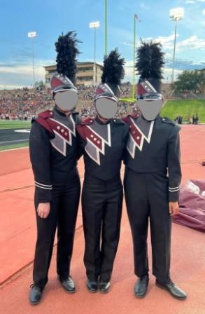 200 Sets of Black, Maroon, and White Fruhauf Marching Band Uniforms including shakos