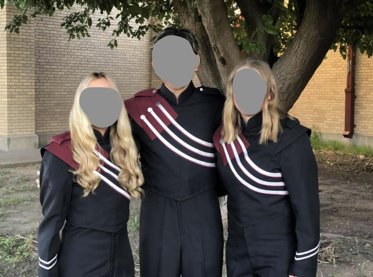 200 Sets of Black, Maroon, and White Fruhauf Marching Band Uniforms including shakos