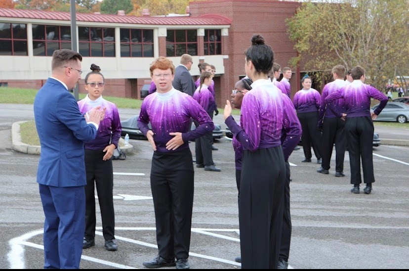Set of 56 Purple tops with star like pattern, white collar marching band uniform, 1 Drum major costu