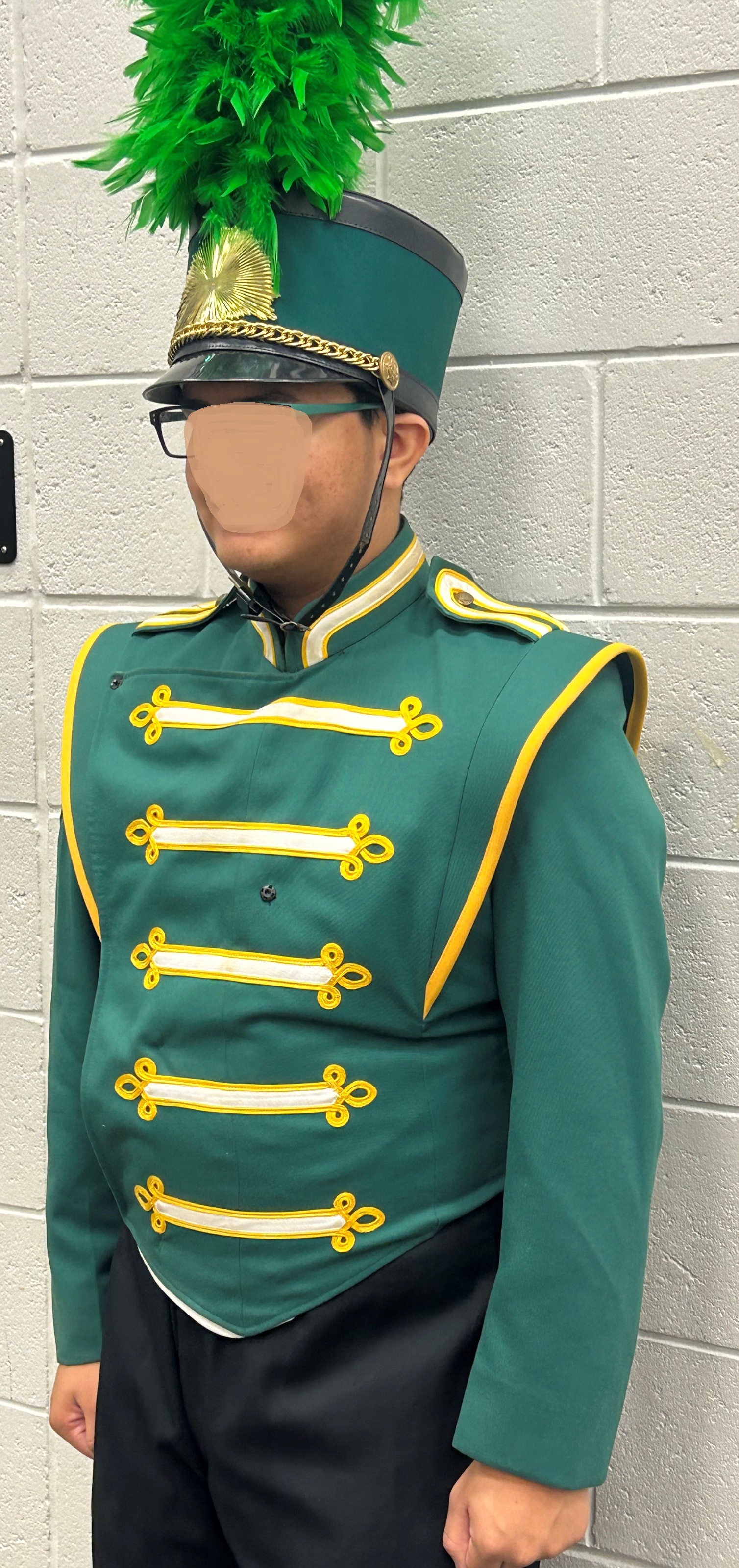 Set of 65 Green, White and Gold Marching Band Jackets - Bibbers, Hats and Plumes are also available