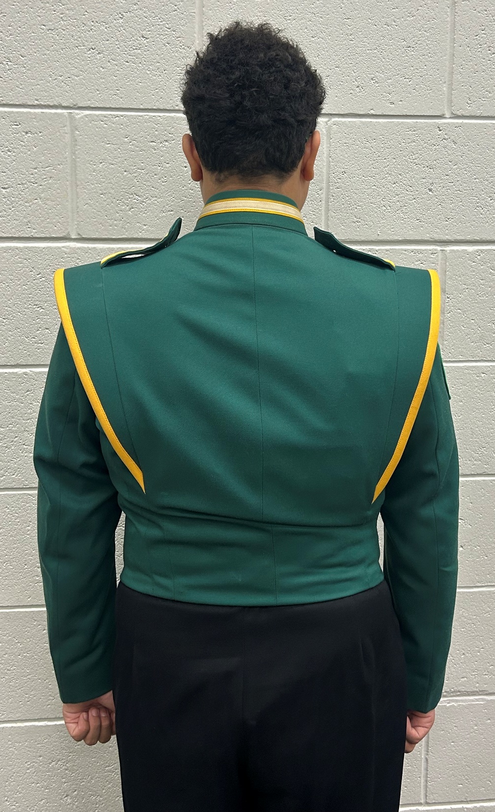 Set of 65 Green, White and Gold Marching Band Jackets - Bibbers, Hats and Plumes are also available