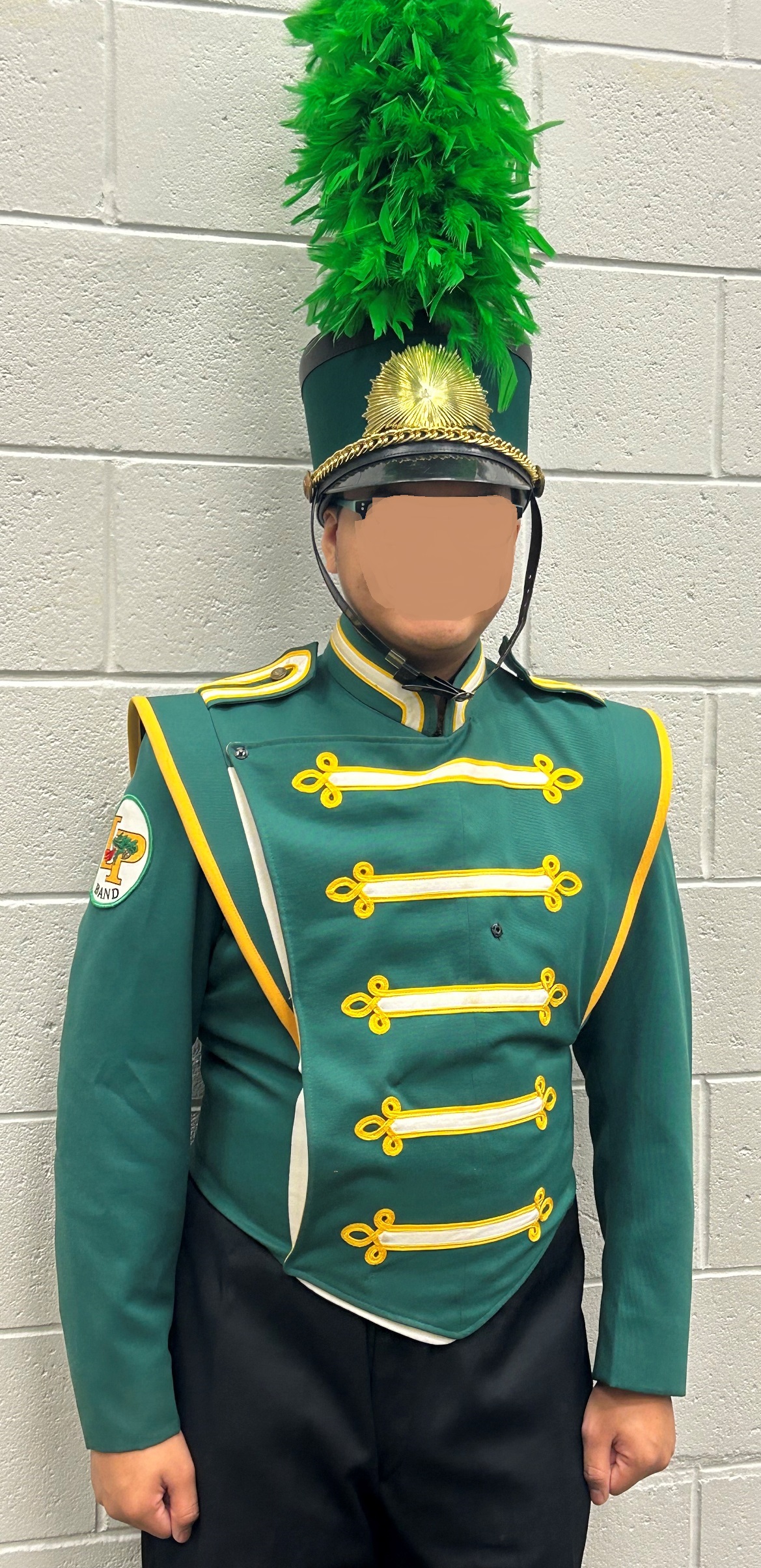 Set of 65 Green, White and Gold Marching Band Jackets - Bibbers, Hats and Plumes are also available