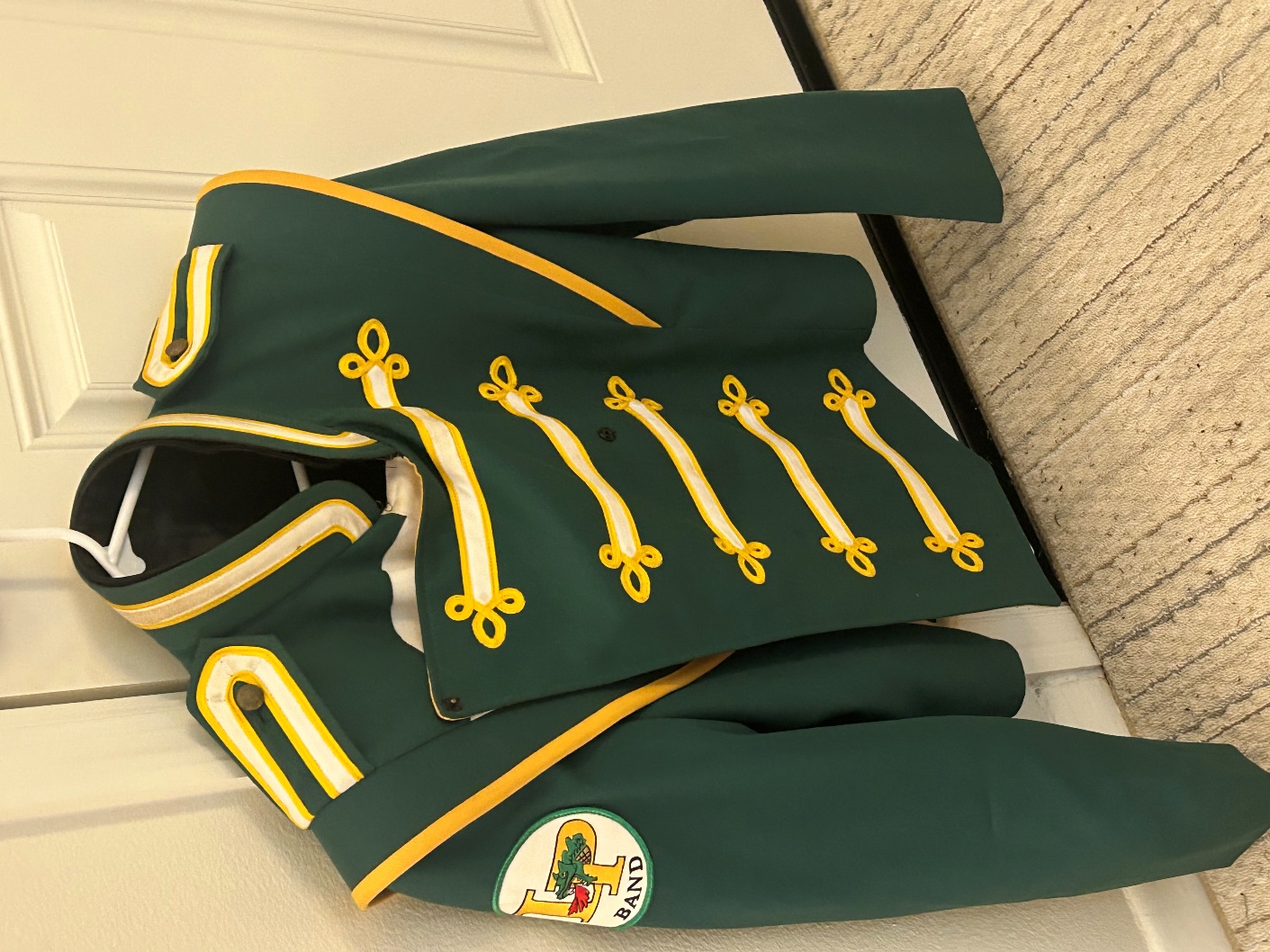 Set of 65 Green, White and Gold Marching Band Jackets - Bibbers, Hats and Plumes are also available