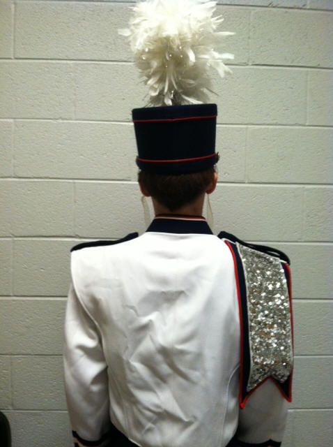 Set of 80 White, Navy and Red DeMoulin Marching Band Uniforms