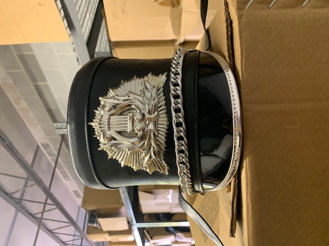 Item#0110BlackGoldHarpShakos030 Item Description: This is a set of 30 black marching band shakos wit
