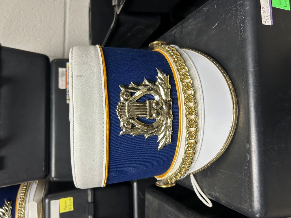 Set of 65 Blue, White and Gold Shakos with Cases
